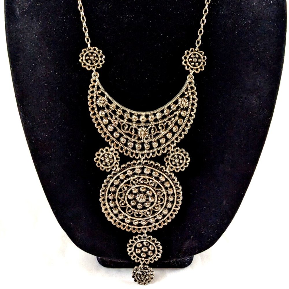 Vintage Ornate Medallion Crescent Bib Statement Necklace Silver Tone